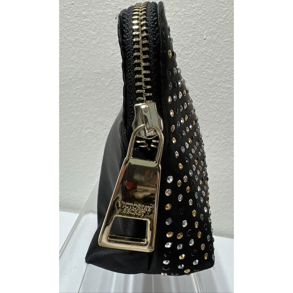 VICTORIA SECRET Makeup Bag Black With Silver & Gold Sequins Studs LEOPARD Lined
